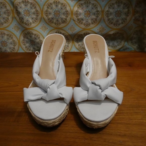SCHUTZ Shoes - SCHUTZ White Slip-on Mule Sandals with Woven Raffia Covered Wedge Heel, size 8